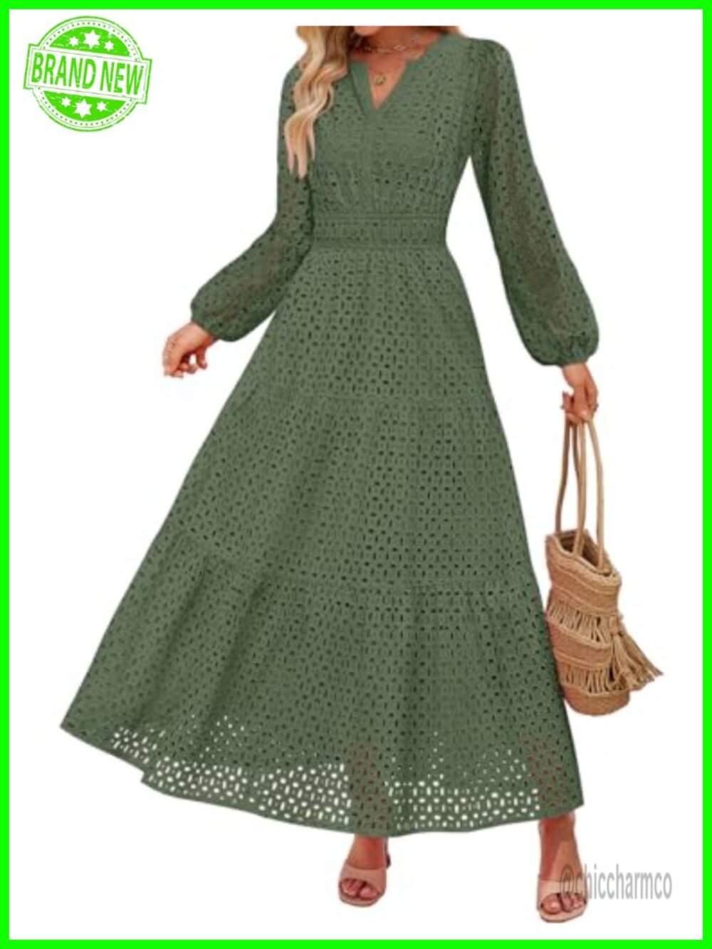 ZESICA Women's Long Sleeve Eyelet Maxi Dress V Neck A Line Fall Casual